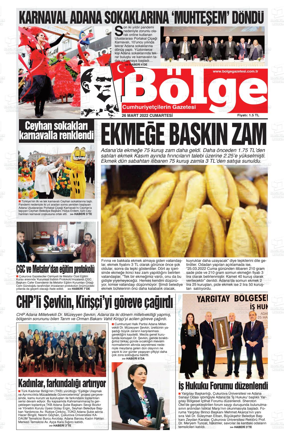 26 Mart 2022 Adana Bölge Gazete Manşeti