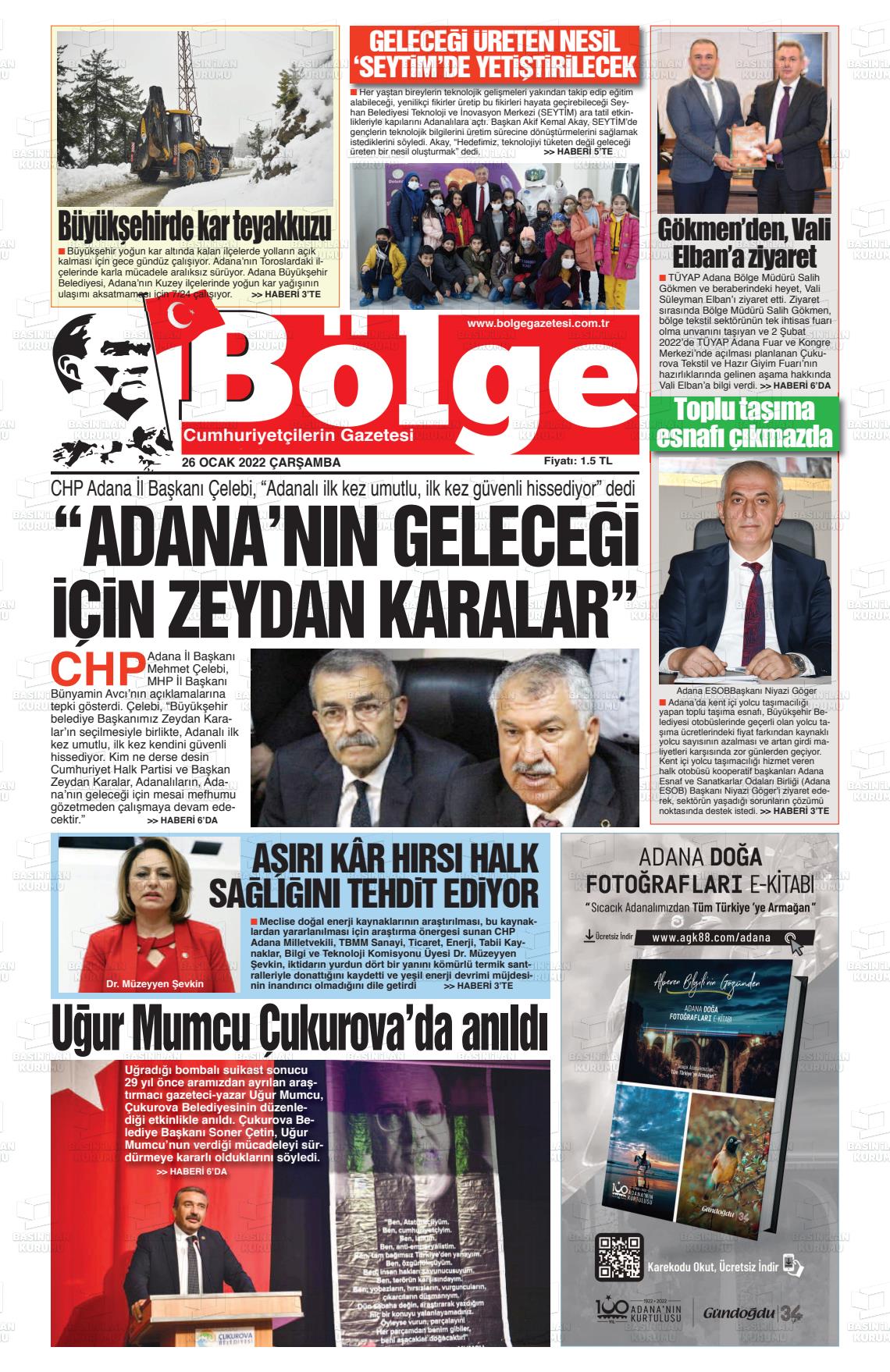 26 Ocak 2022 Adana Bölge Gazete Manşeti