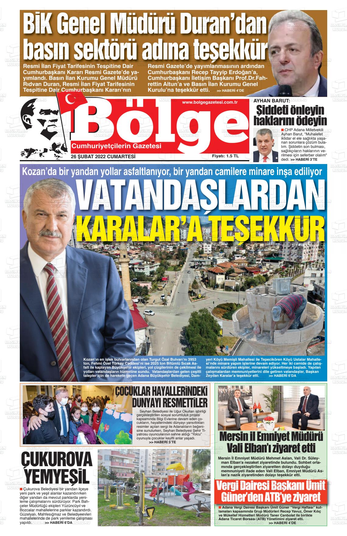 26 Şubat 2022 Adana Bölge Gazete Manşeti