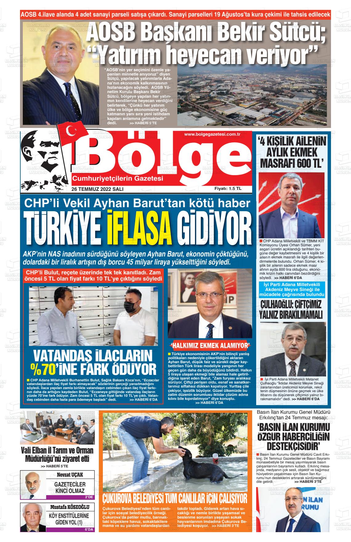 26 Temmuz 2022 Adana Bölge Gazete Manşeti