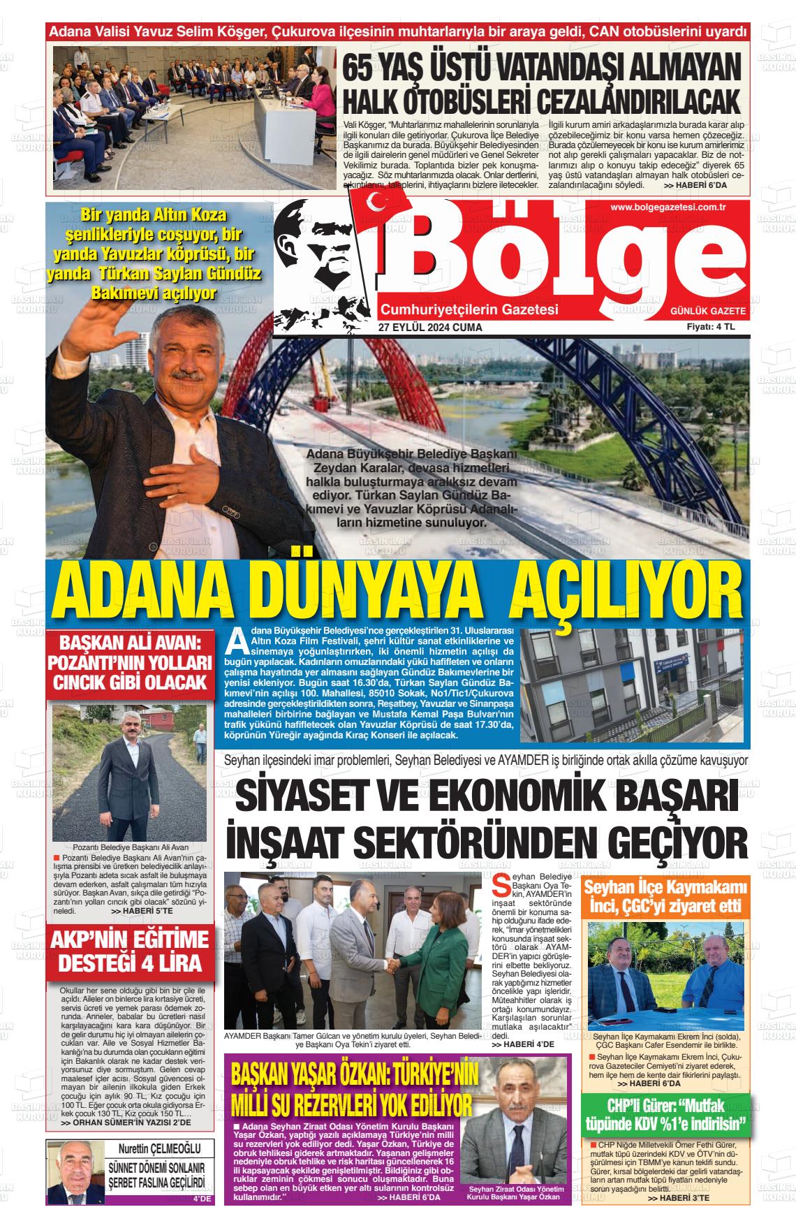 27 Eylül 2024 Adana Bölge Gazete Manşeti