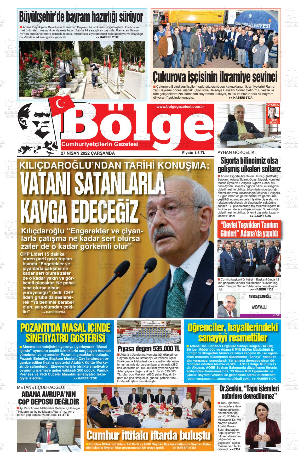 27 Nisan 2022 Adana Bölge Gazete Manşeti