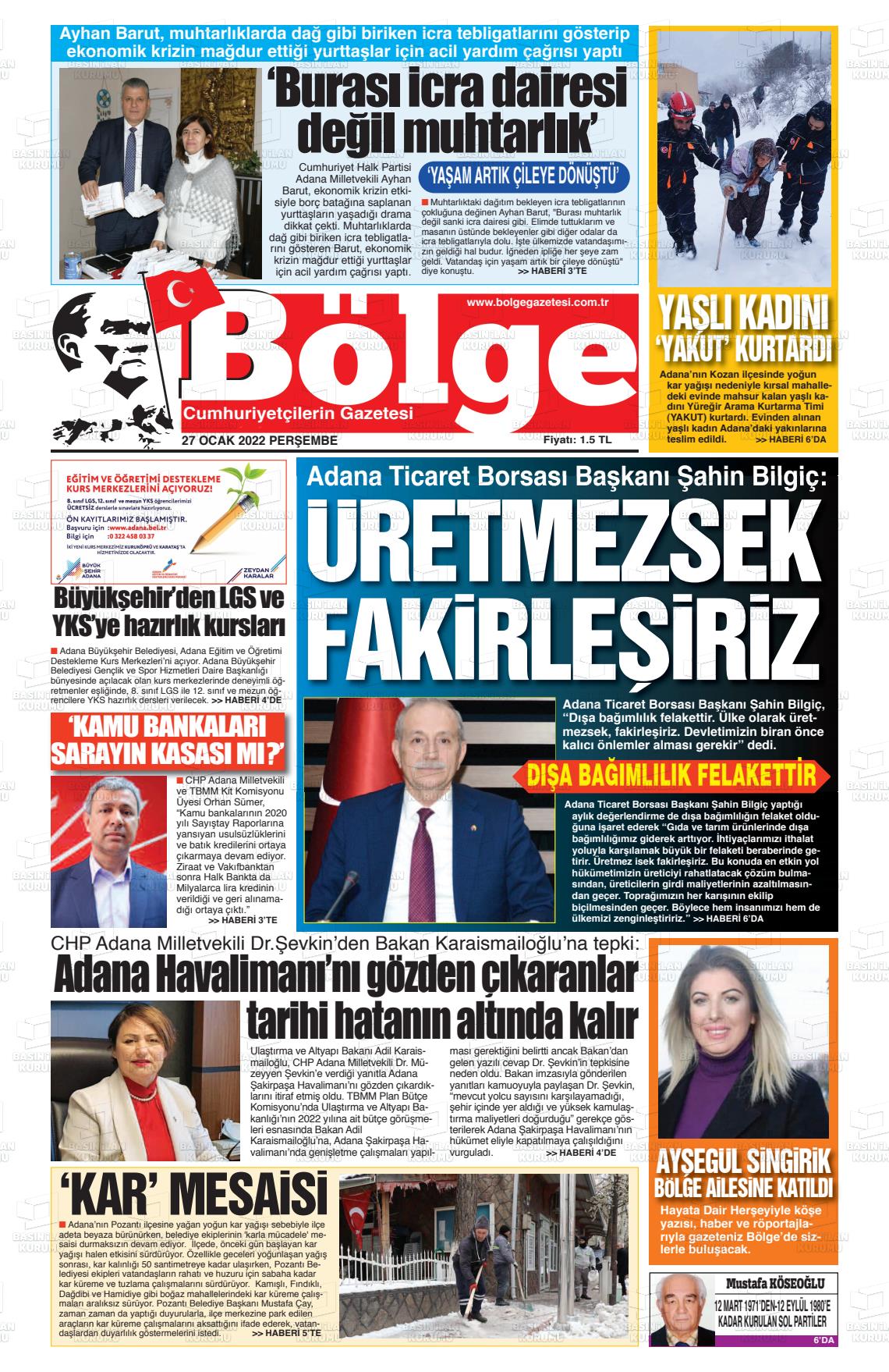 27 Ocak 2022 Adana Bölge Gazete Manşeti