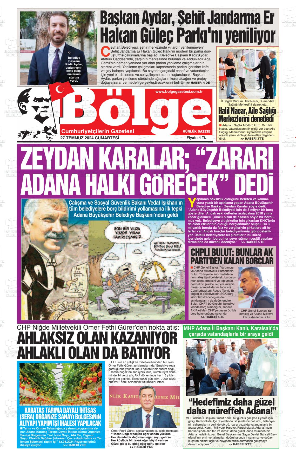 27 Temmuz 2024 Adana Bölge Gazete Manşeti