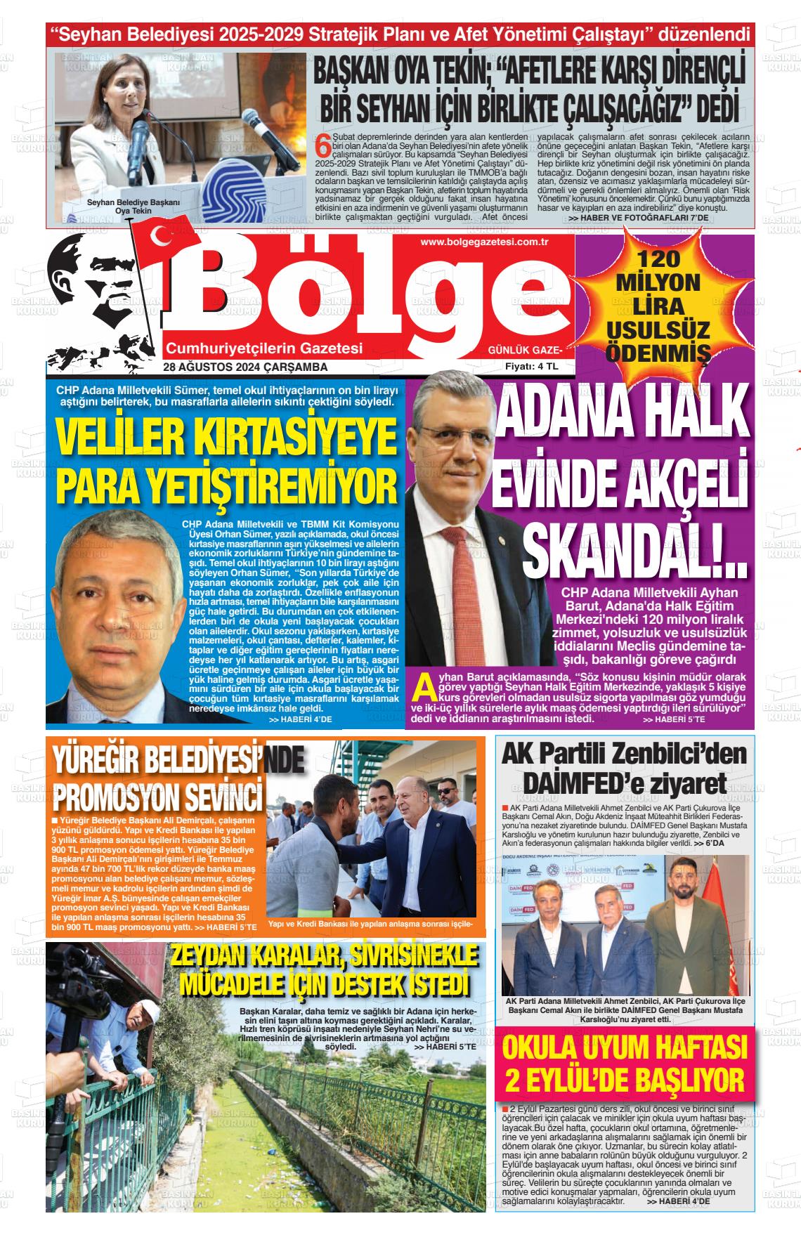 28 Ağustos 2024 Adana Bölge Gazete Manşeti