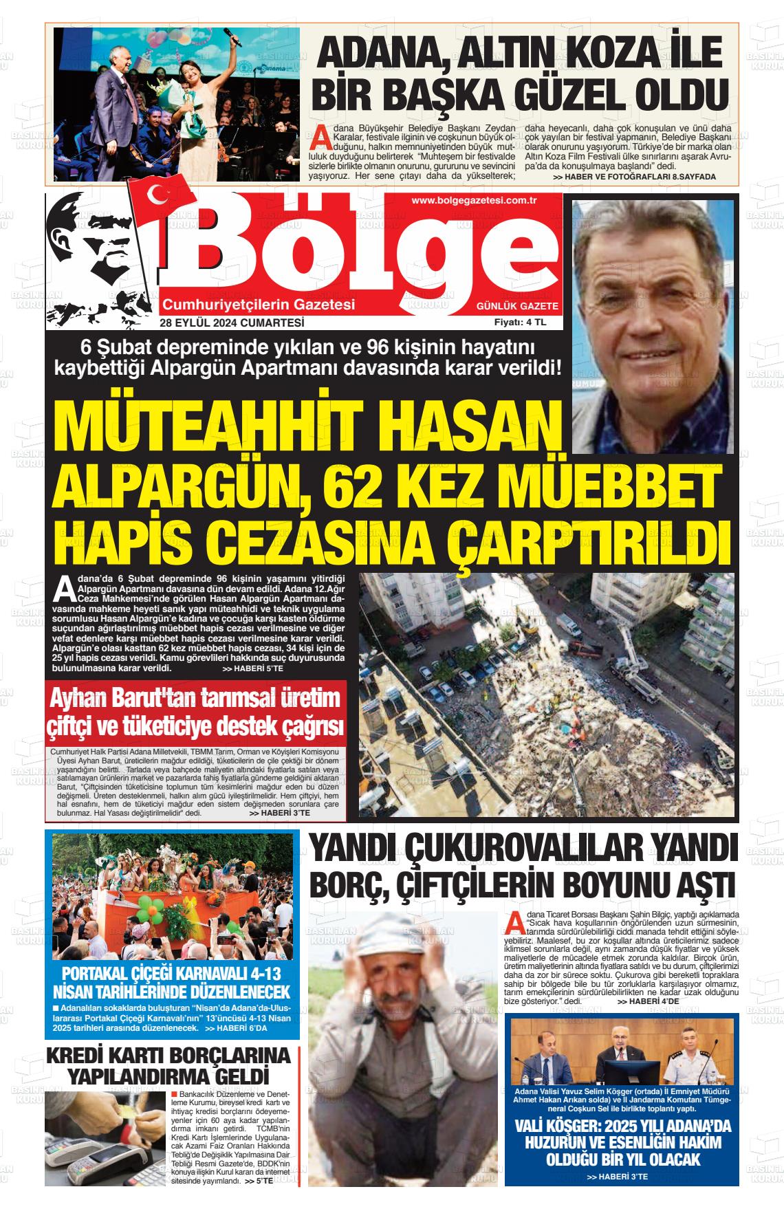 28 Eylül 2024 Adana Bölge Gazete Manşeti