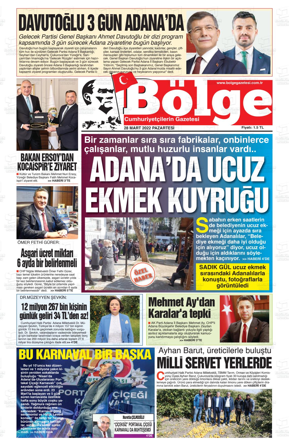 28 Mart 2022 Adana Bölge Gazete Manşeti