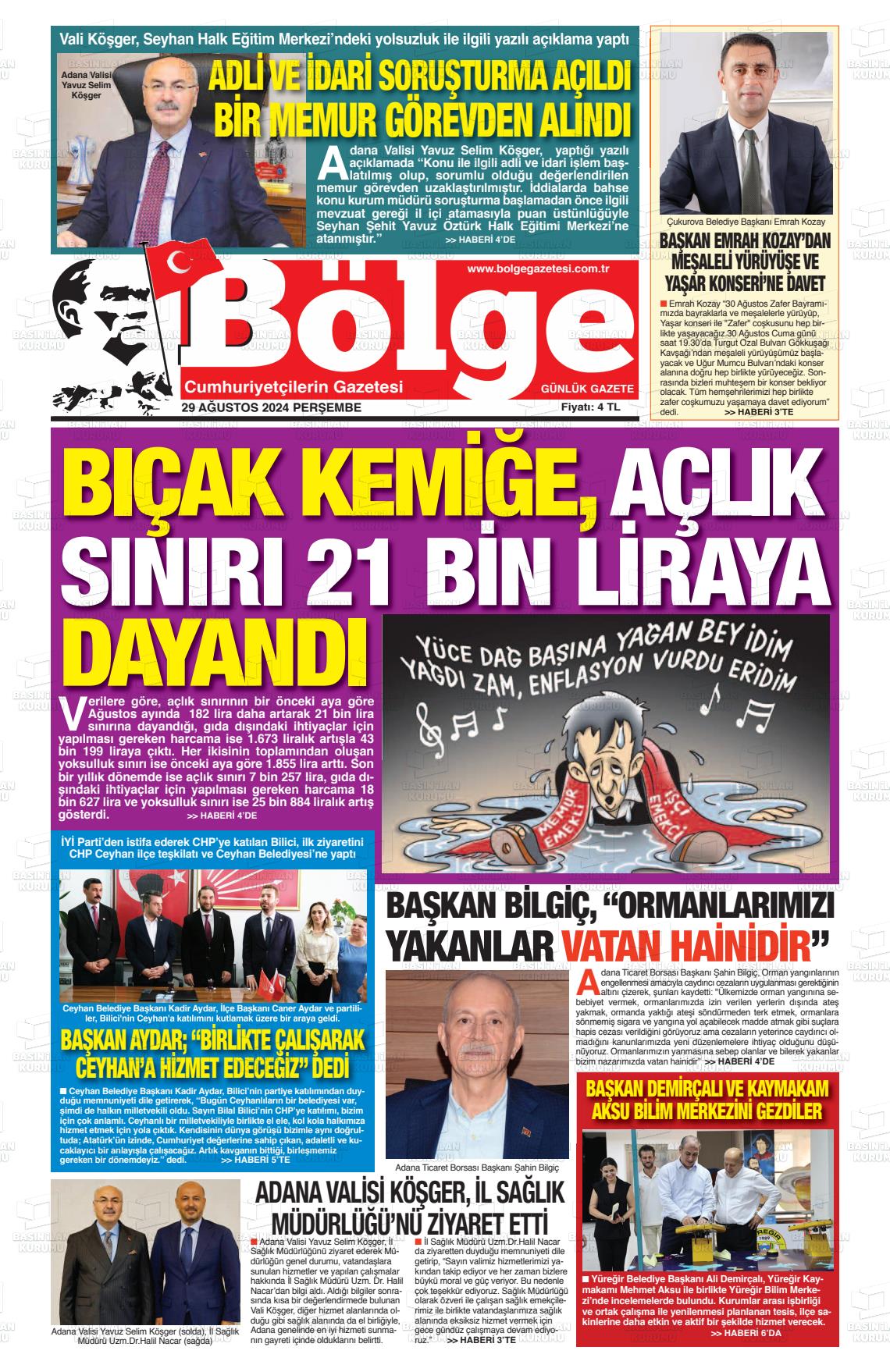 29 Ağustos 2024 Adana Bölge Gazete Manşeti