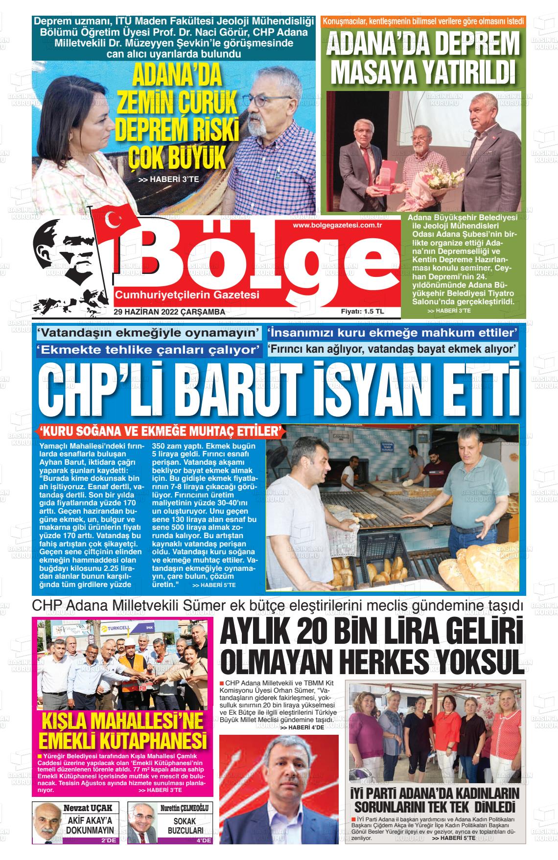 29 Haziran 2022 Adana Bölge Gazete Manşeti
