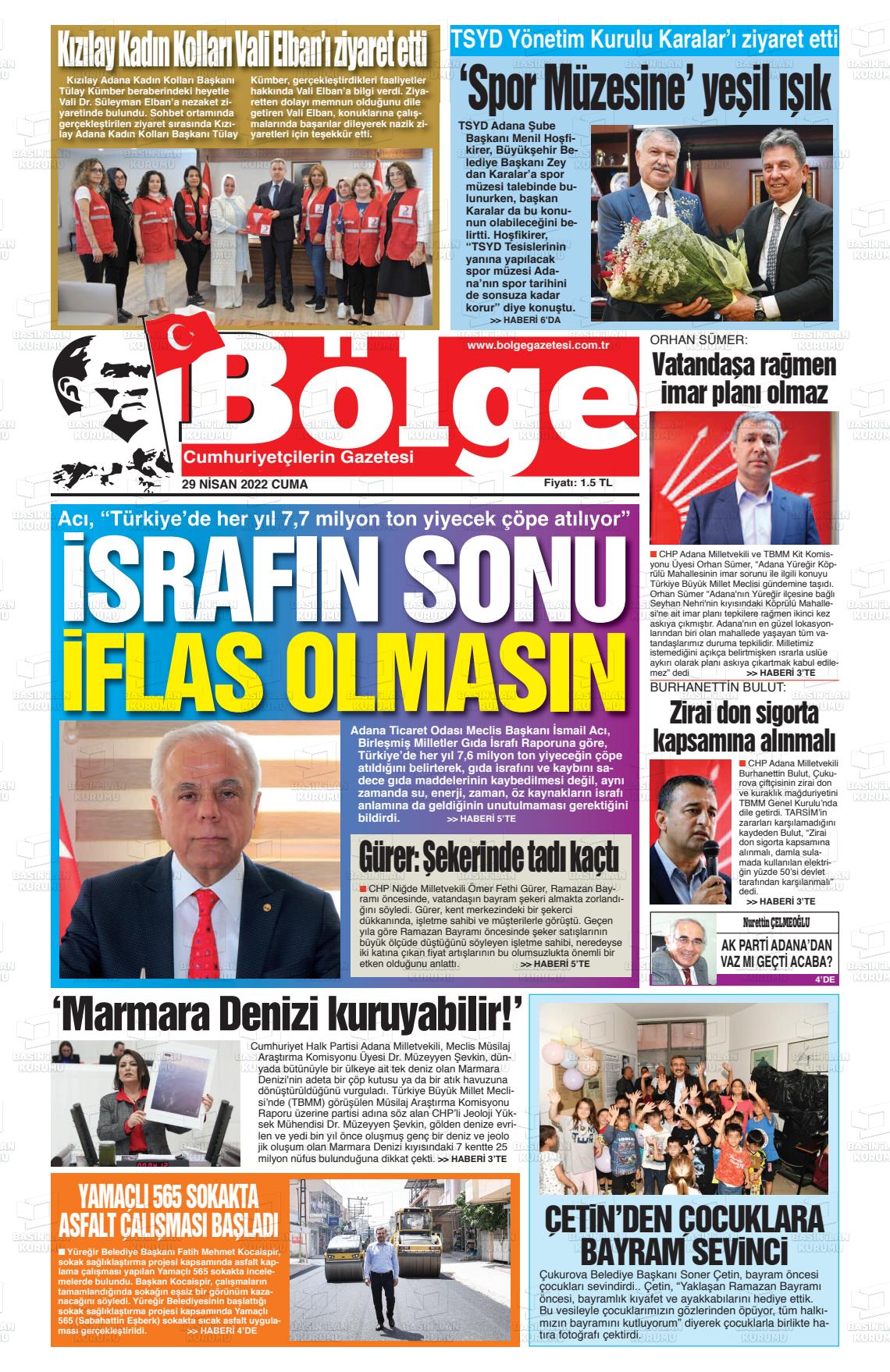 29 Nisan 2022 Adana Bölge Gazete Manşeti