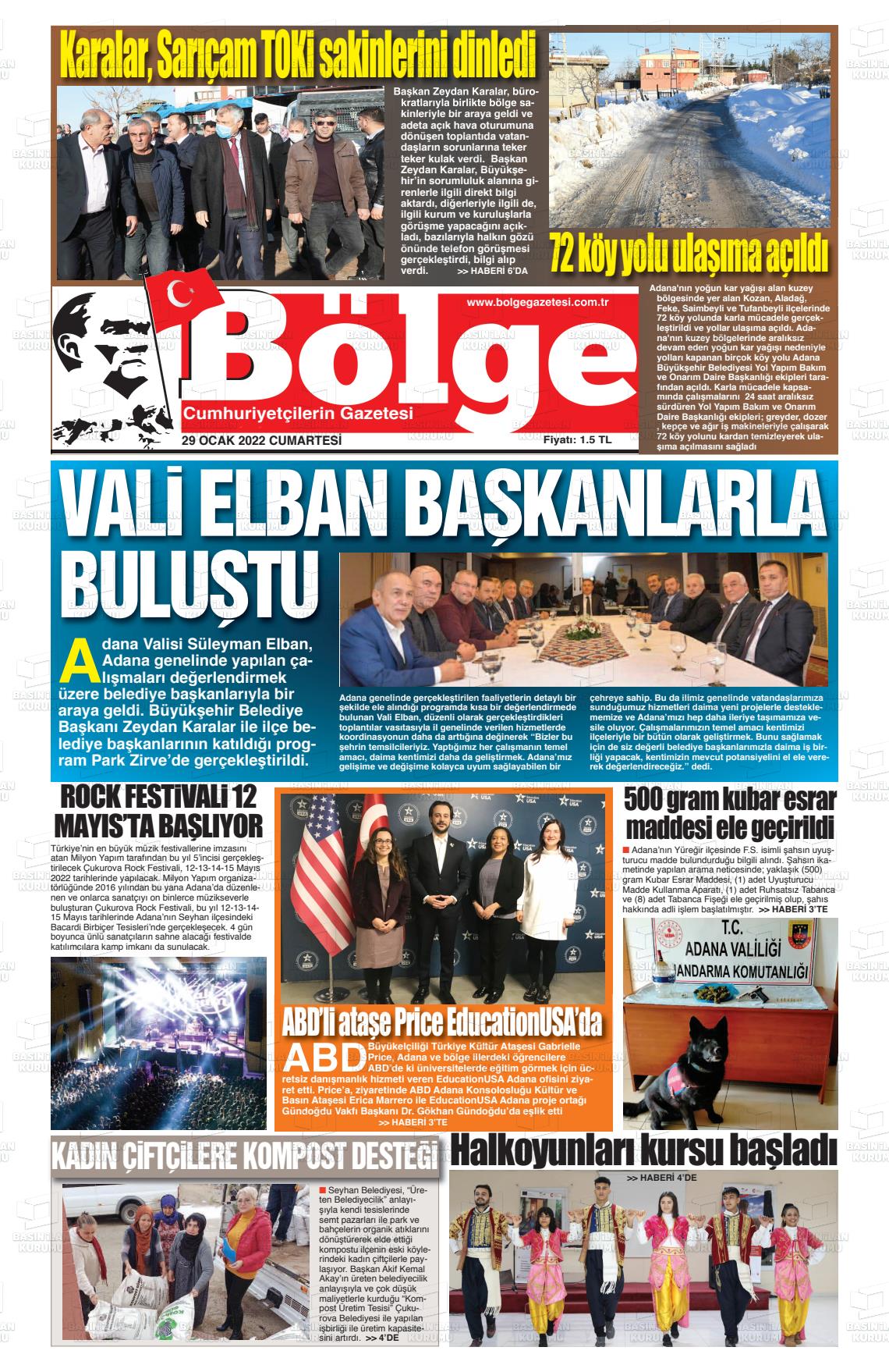 29 Ocak 2022 Adana Bölge Gazete Manşeti