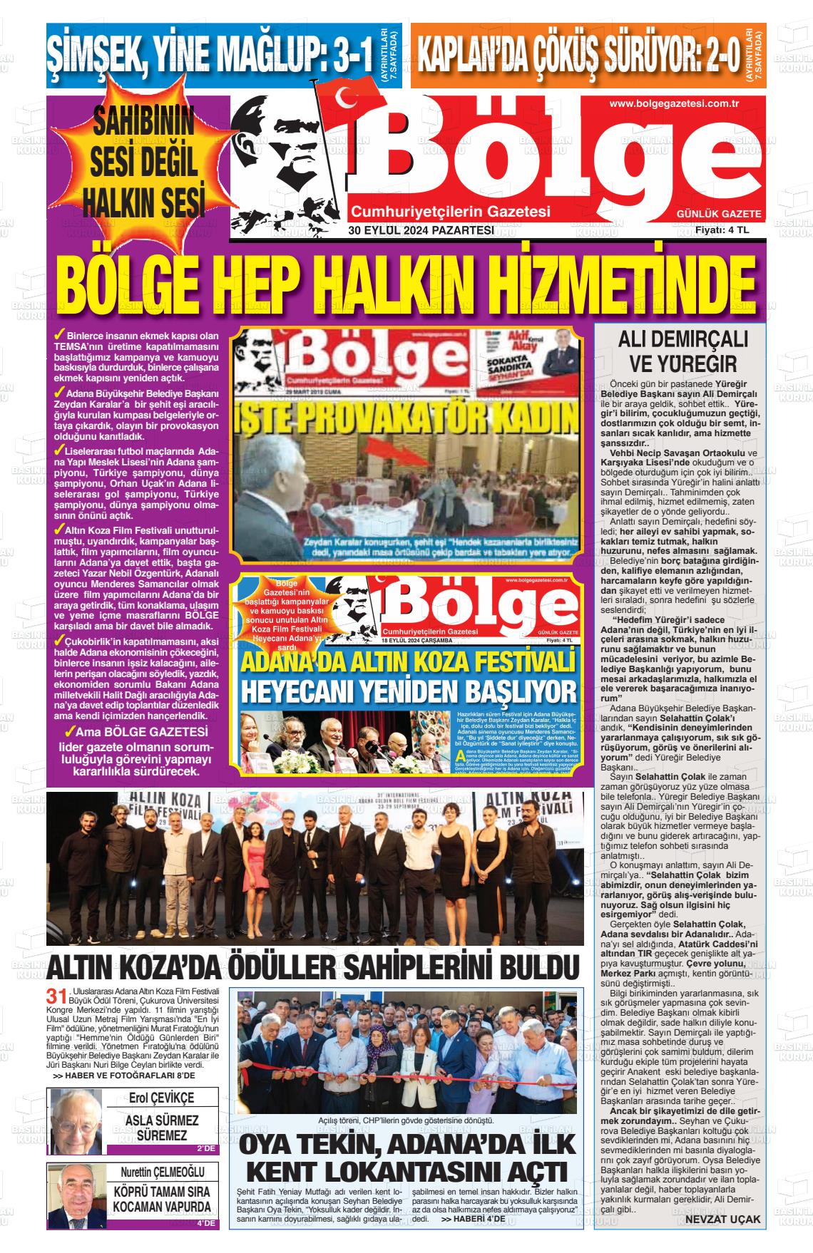 30 Eylül 2024 Adana Bölge Gazete Manşeti