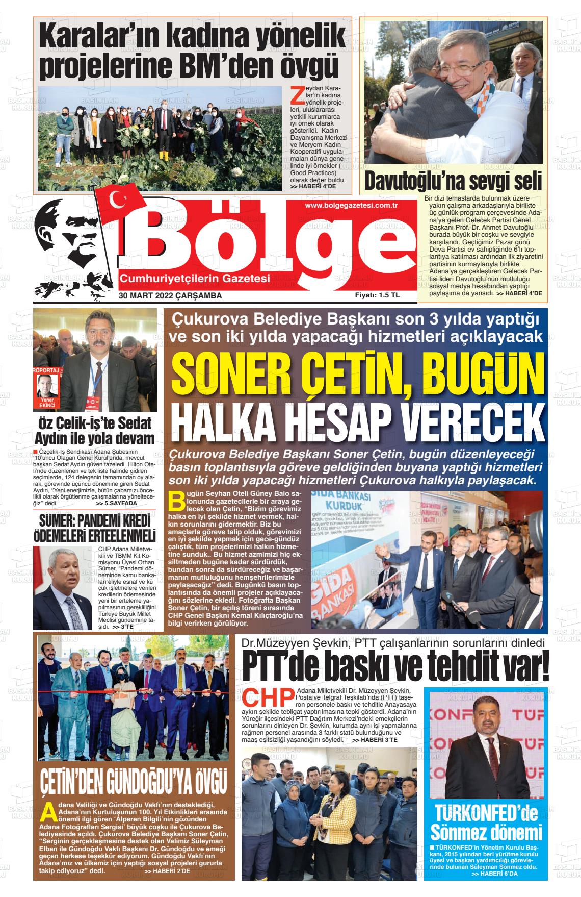 30 Mart 2022 Adana Bölge Gazete Manşeti