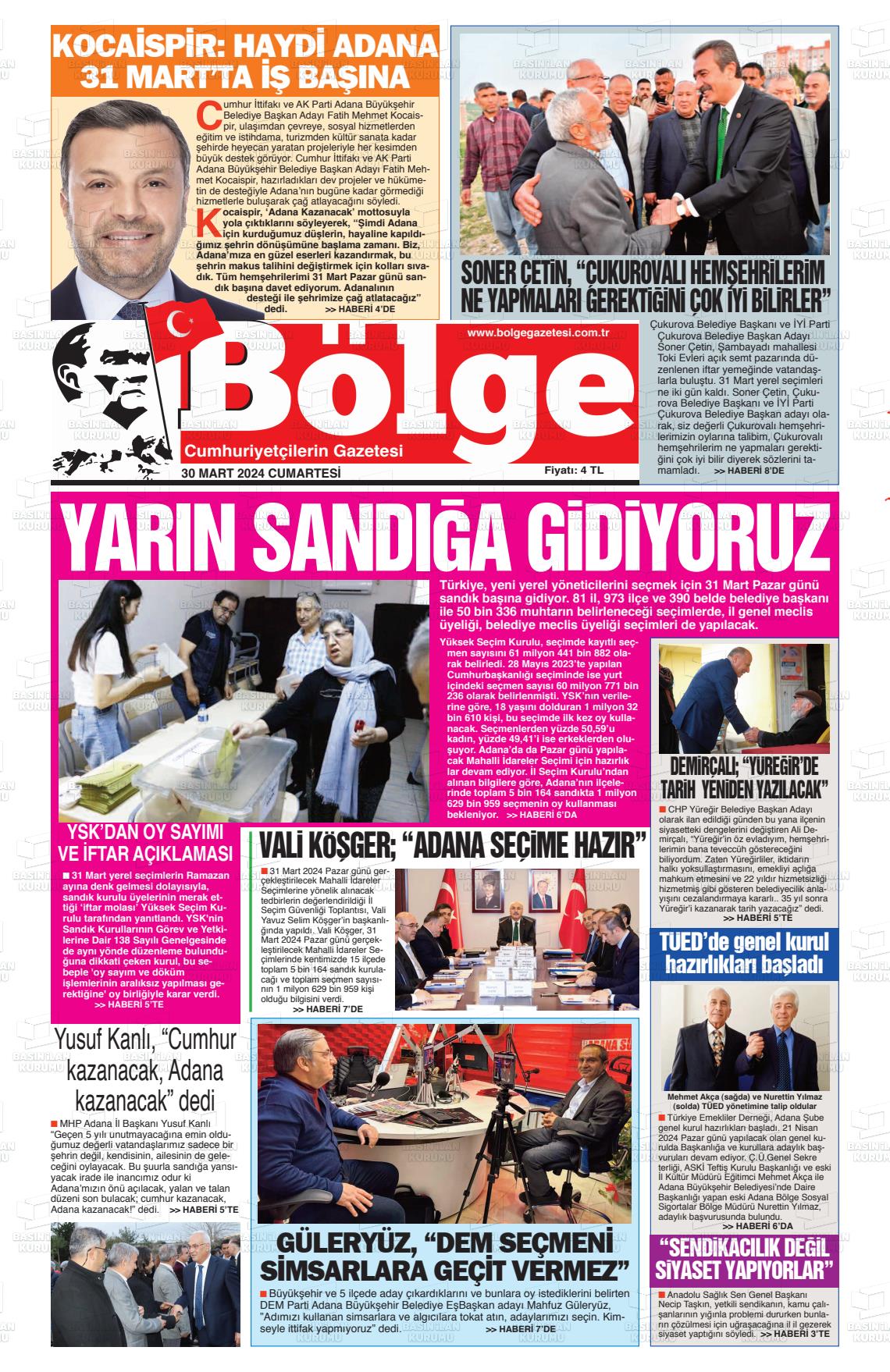 30 Mart 2024 Adana Bölge Gazete Manşeti