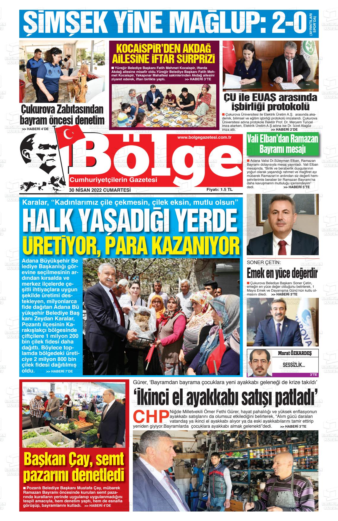 30 Nisan 2022 Adana Bölge Gazete Manşeti