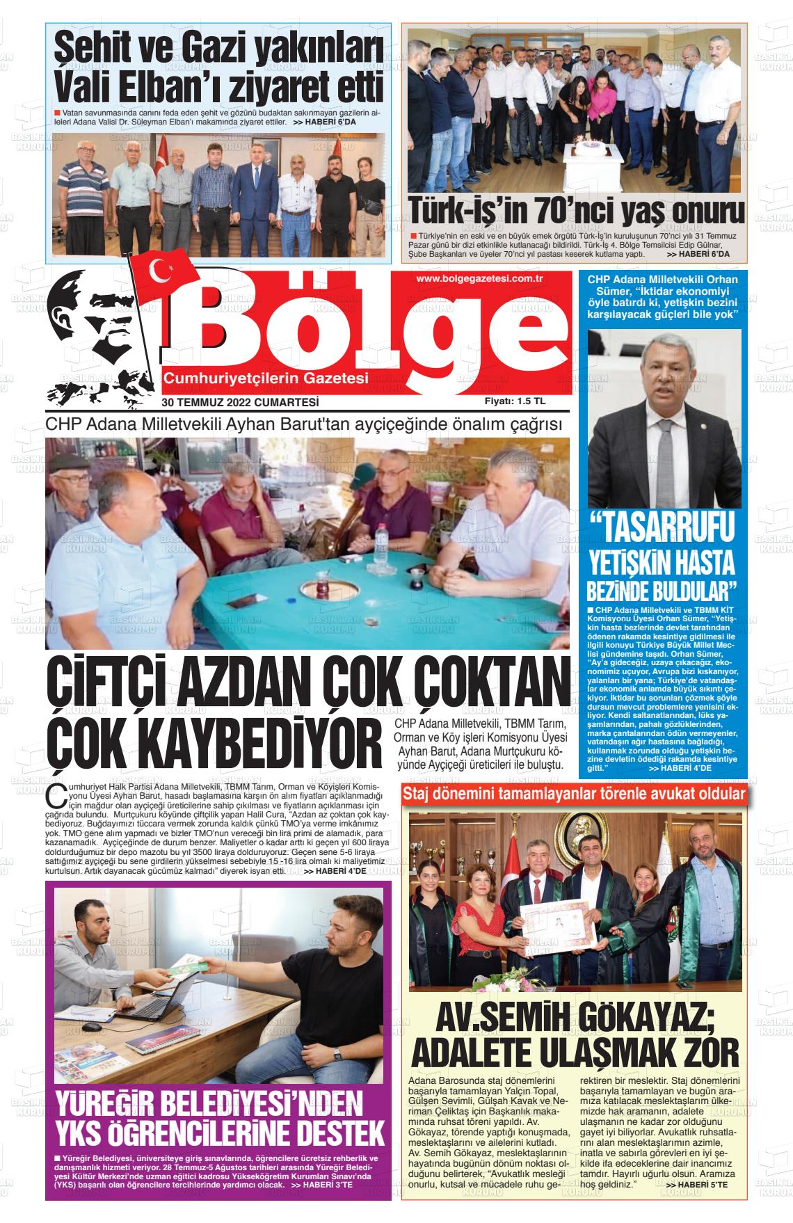 30 Temmuz 2022 Adana Bölge Gazete Manşeti