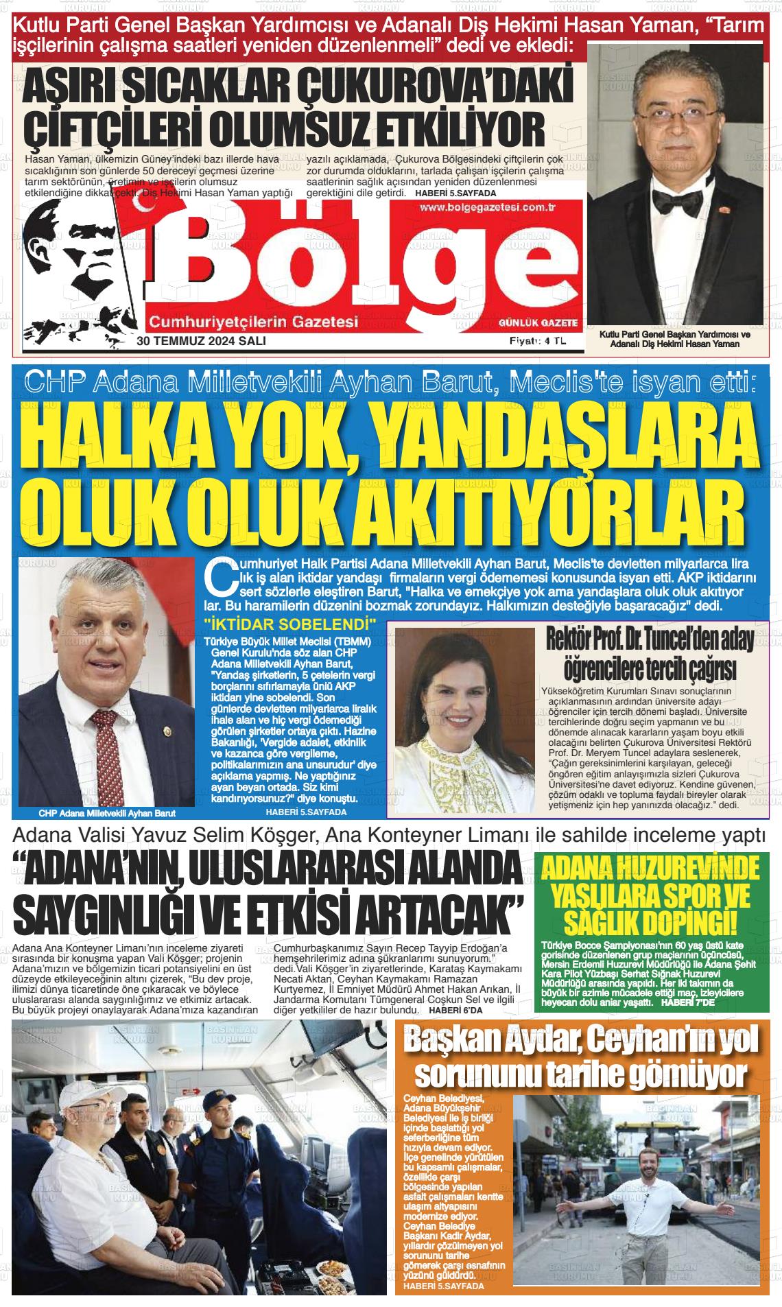 30 Temmuz 2024 Adana Bölge Gazete Manşeti