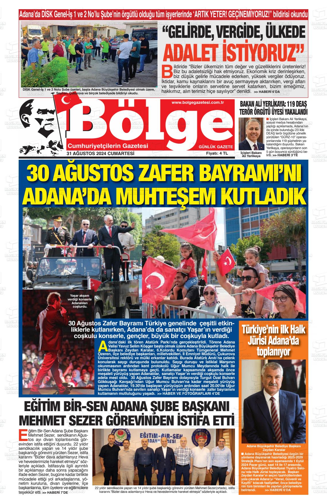 31 Ağustos 2024 Adana Bölge Gazete Manşeti