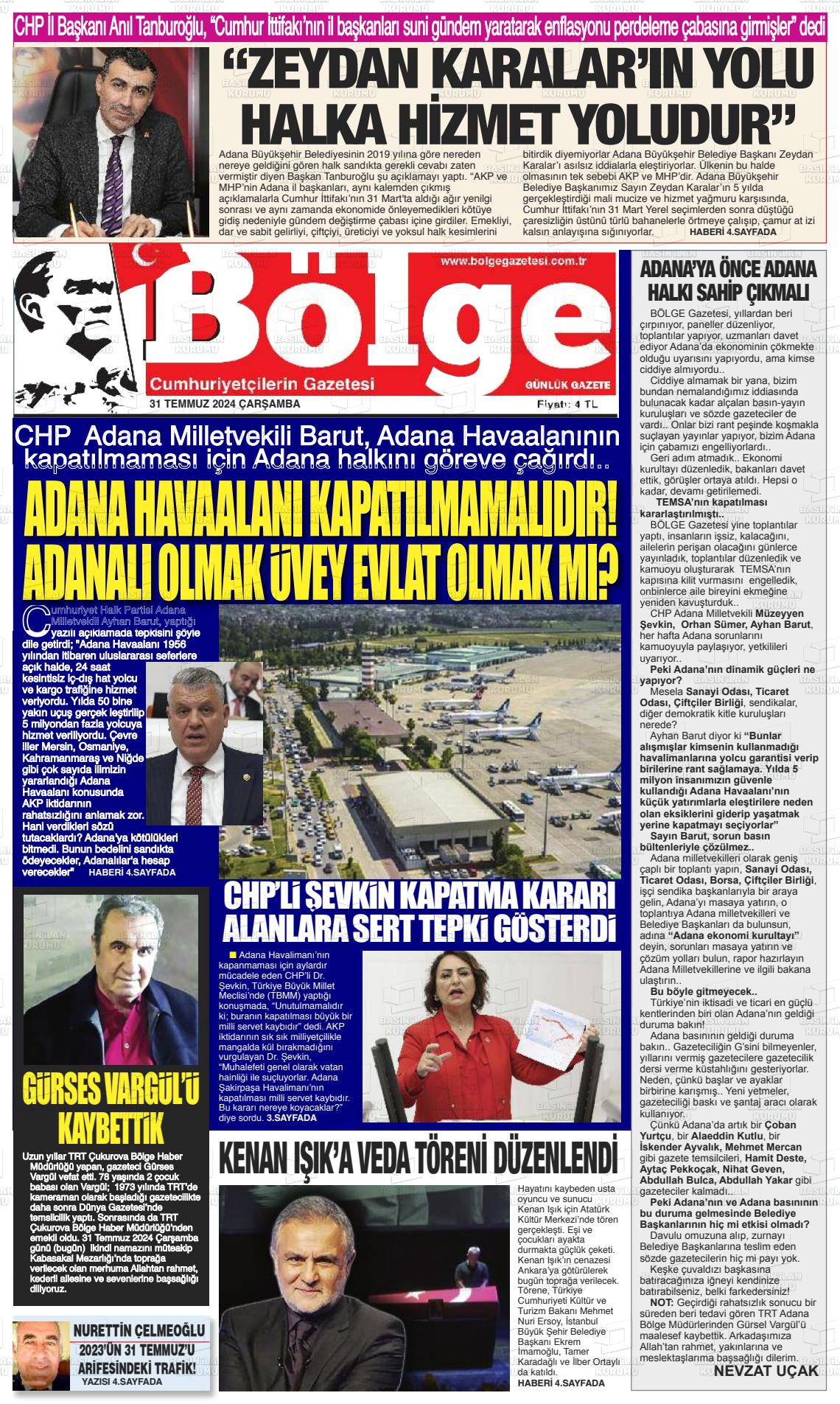 31 Temmuz 2024 Adana Bölge Gazete Manşeti