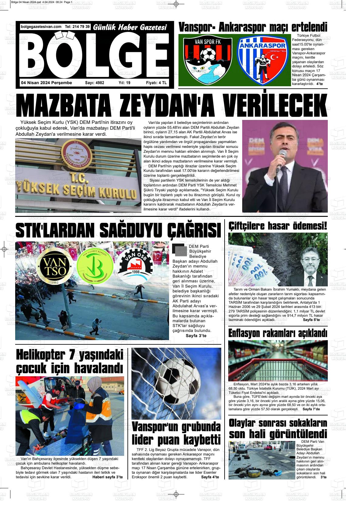 04 Nisan 2024 Bölge  Silvan Gazete Manşeti