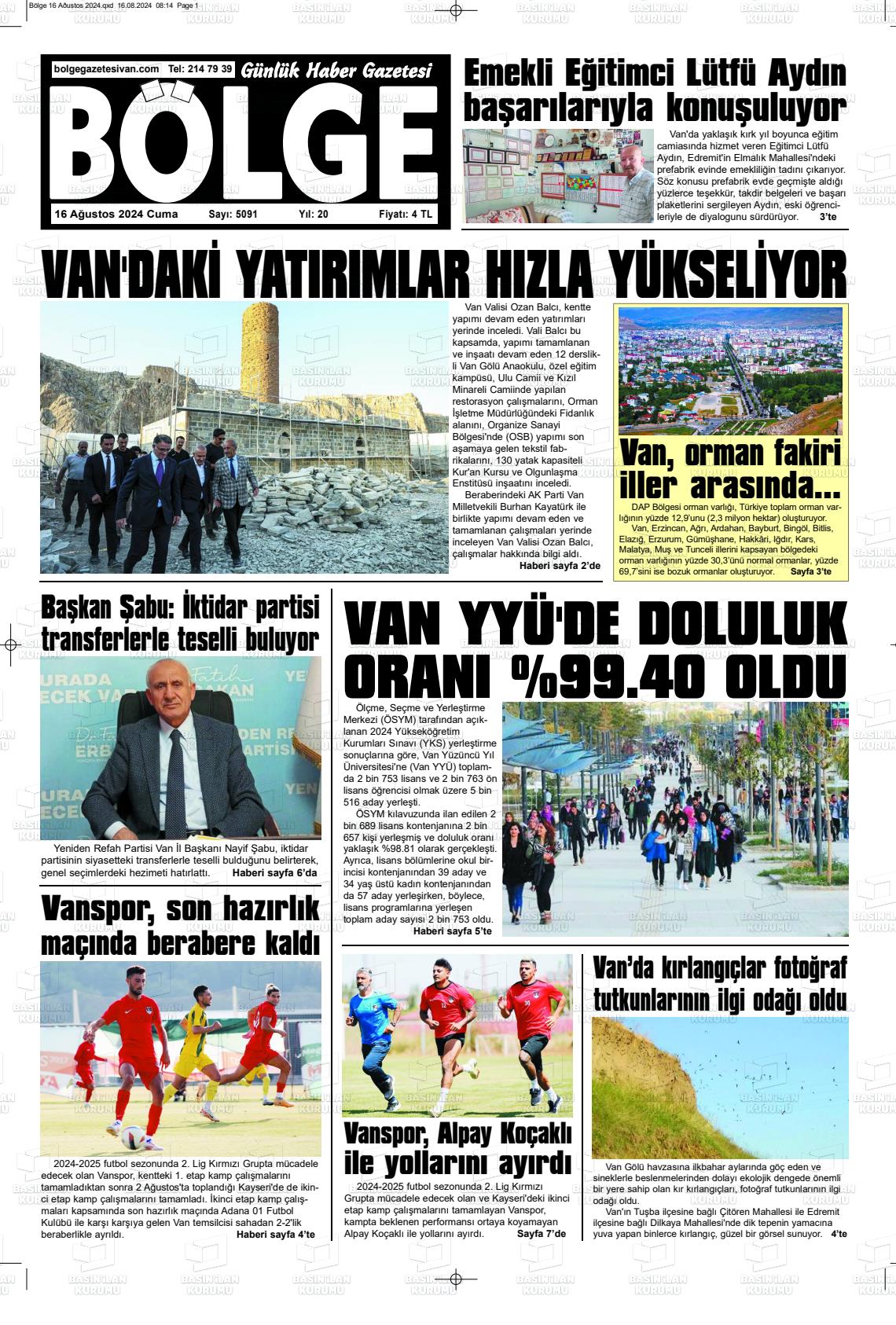 16 Ağustos 2024 Bölge  Silvan Gazete Manşeti