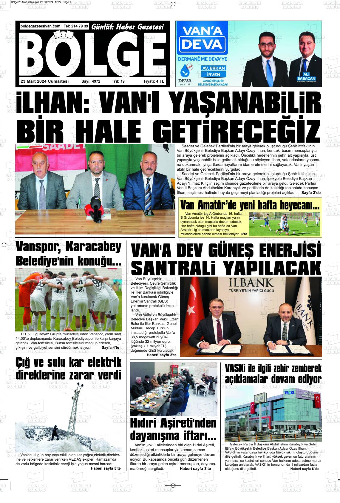 23 Mart 2024 Bölge  Silvan Gazete Manşeti