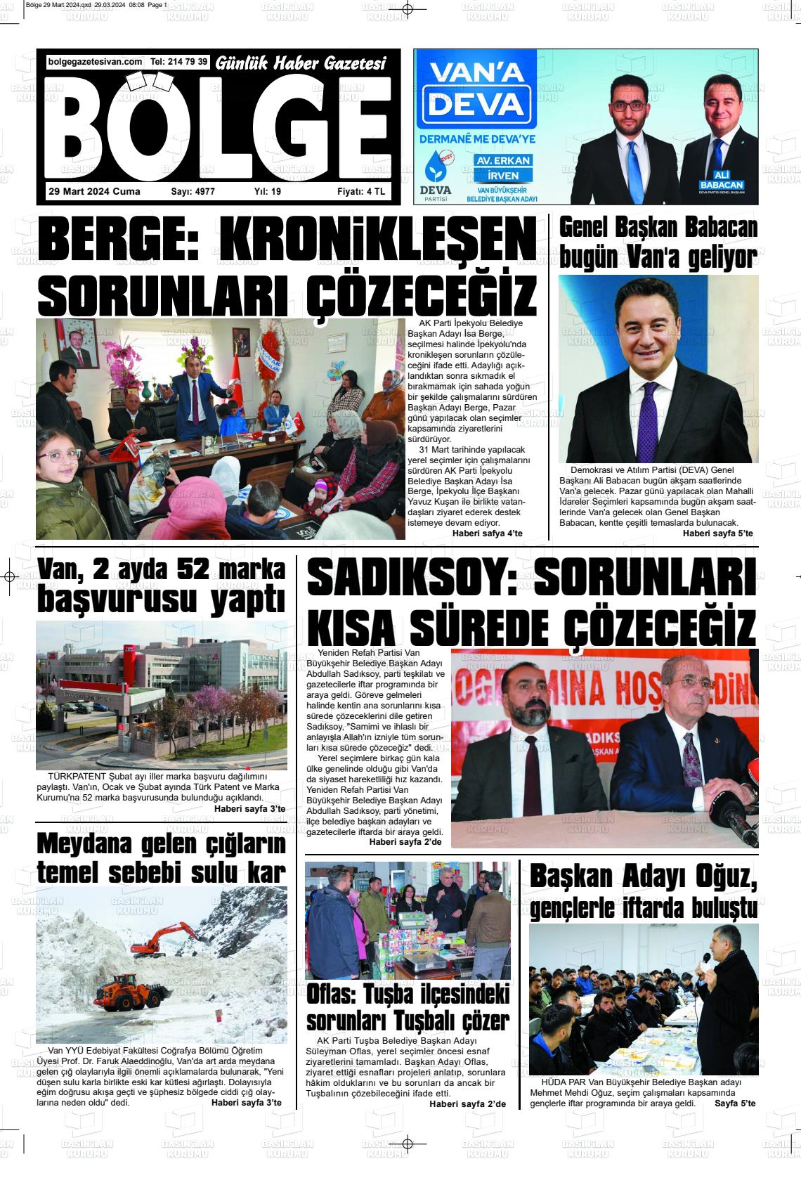 29 Mart 2024 Bölge  Silvan Gazete Manşeti