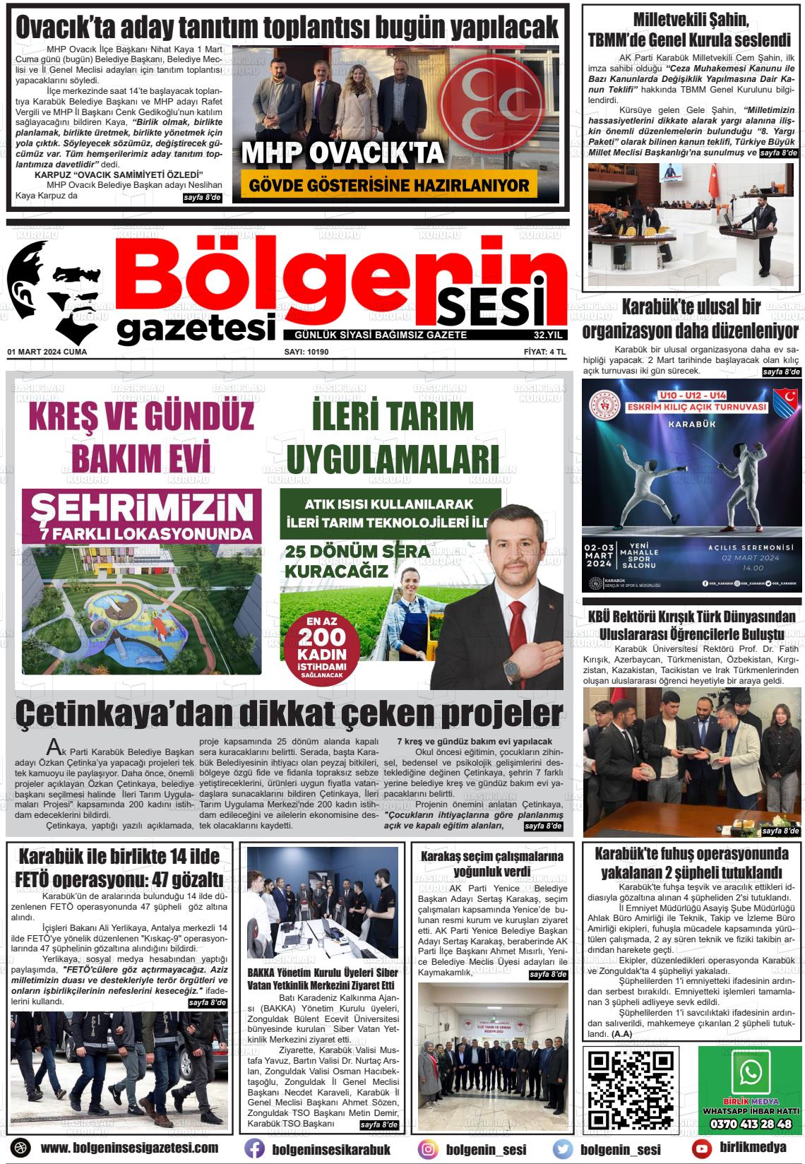 01 Mart 2024 Bölgenin Sesi Gazete Manşeti