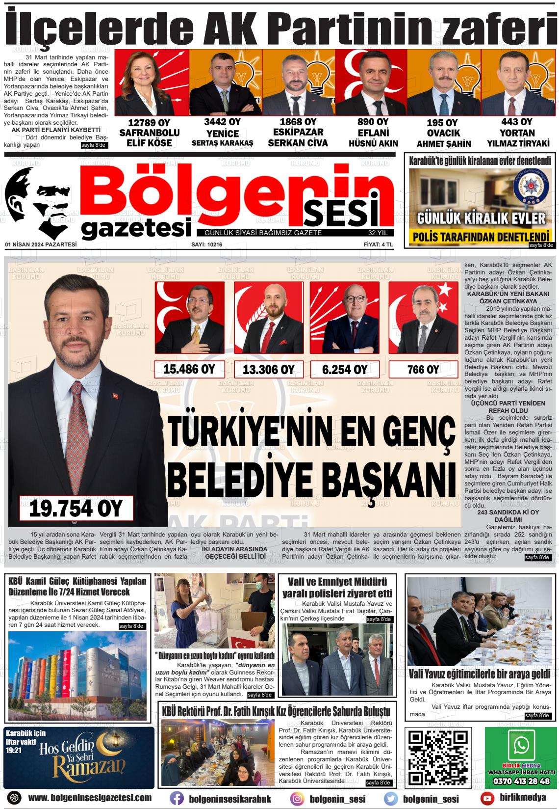 01 Nisan 2024 Bölgenin Sesi Gazete Manşeti