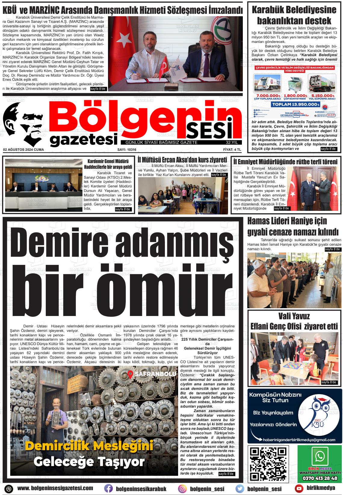 02 Ağustos 2024 Bölgenin Sesi Gazete Manşeti