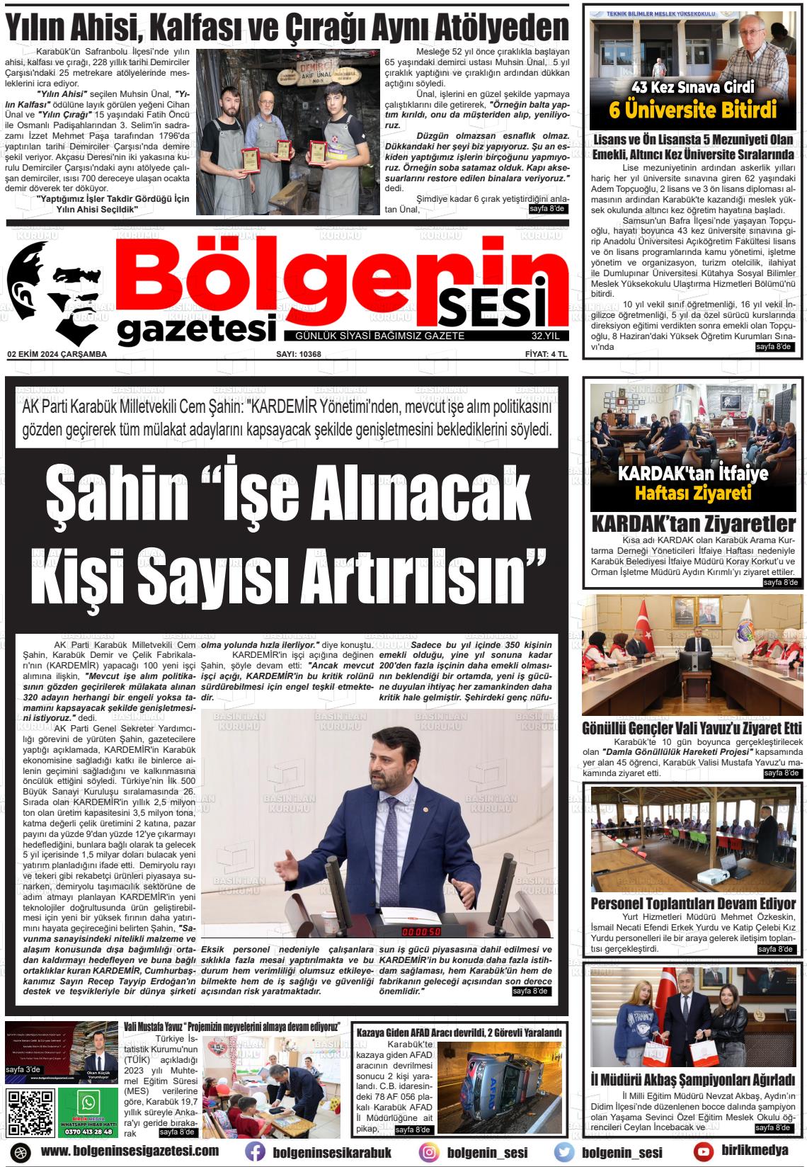 02 Ekim 2024 Bölgenin Sesi Gazete Manşeti