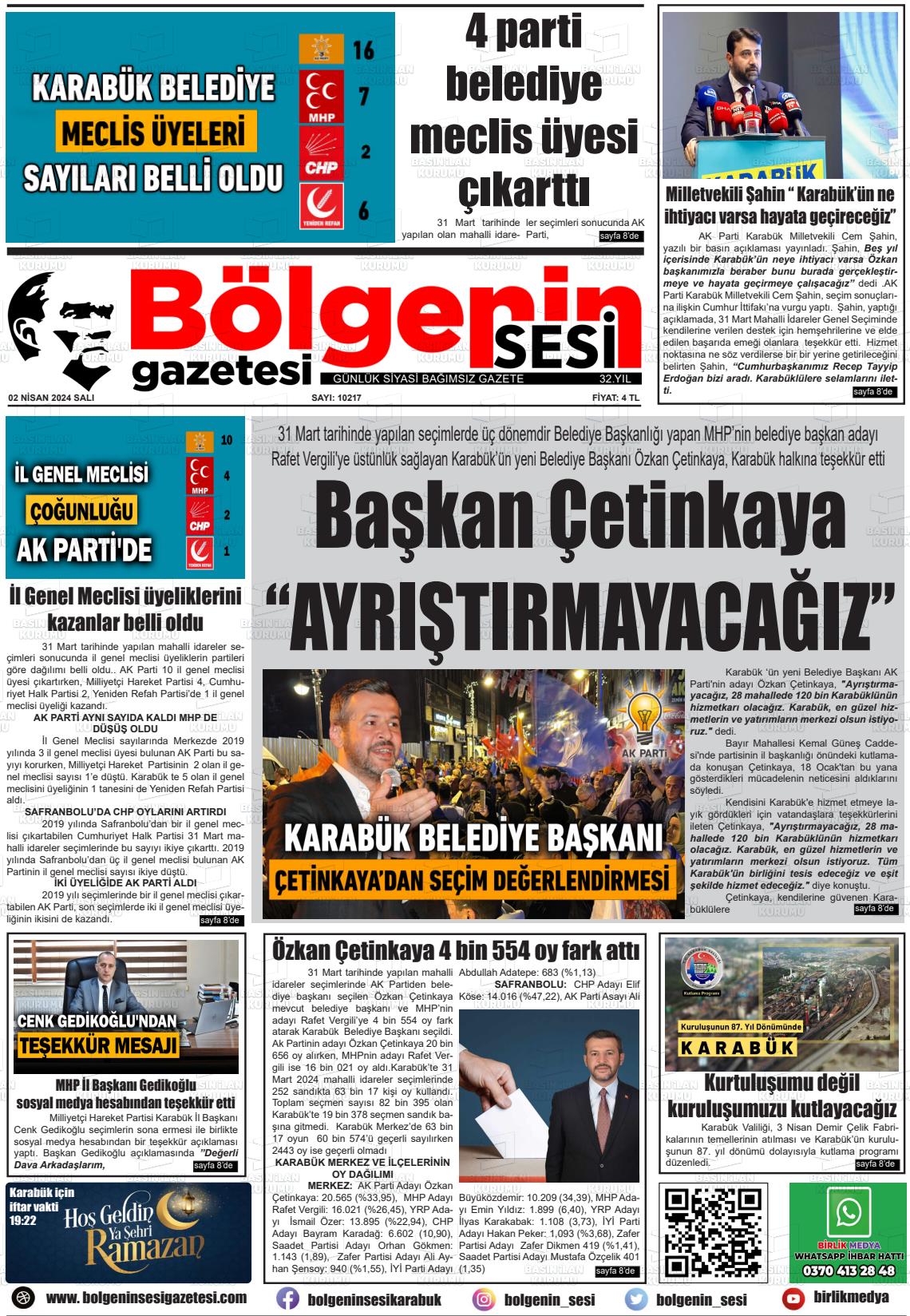 02 Nisan 2024 Bölgenin Sesi Gazete Manşeti