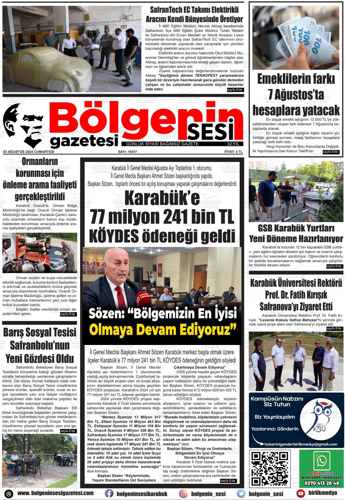 03 Ağustos 2024 Bölgenin Sesi Gazete Manşeti