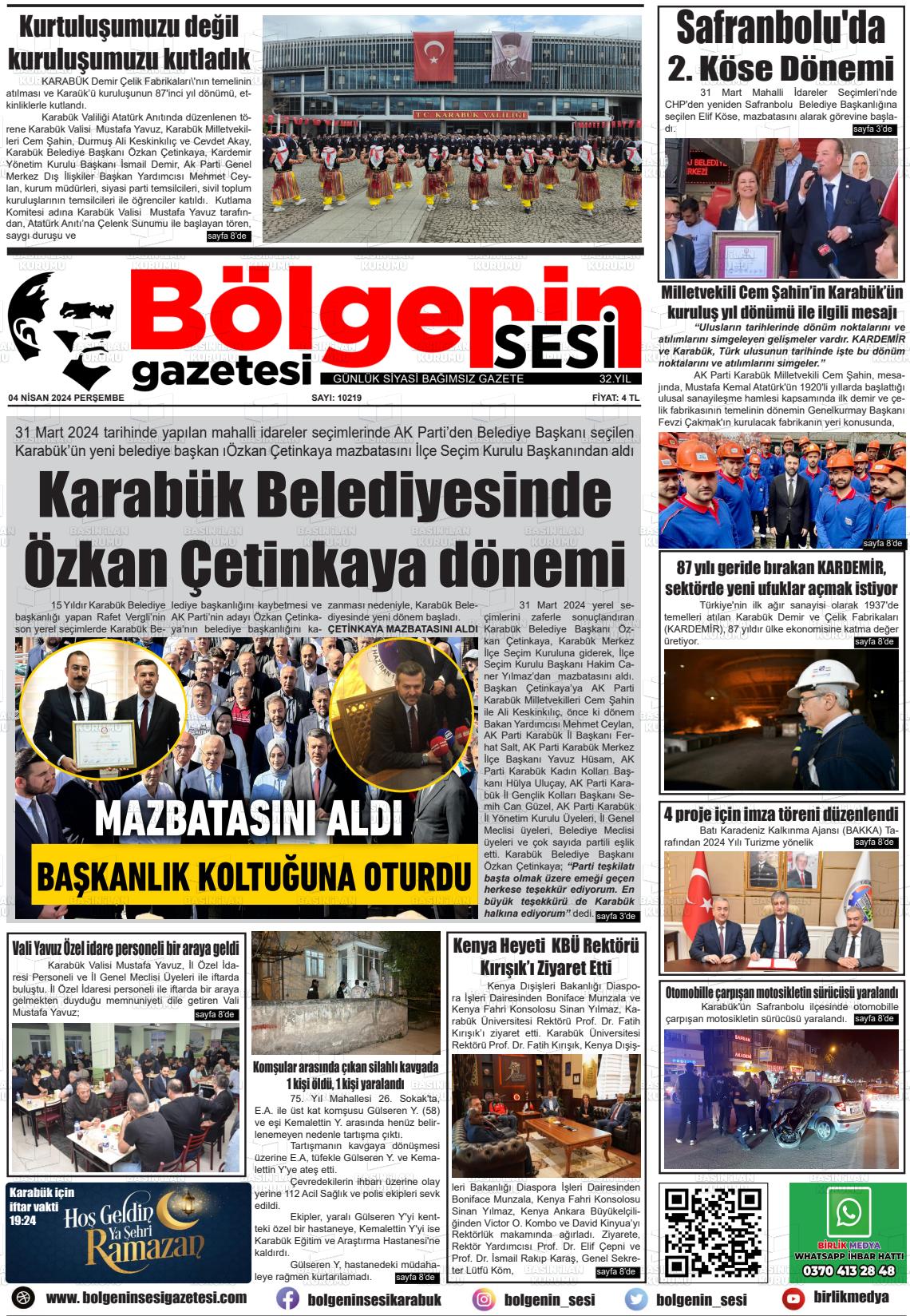 04 Nisan 2024 Bölgenin Sesi Gazete Manşeti