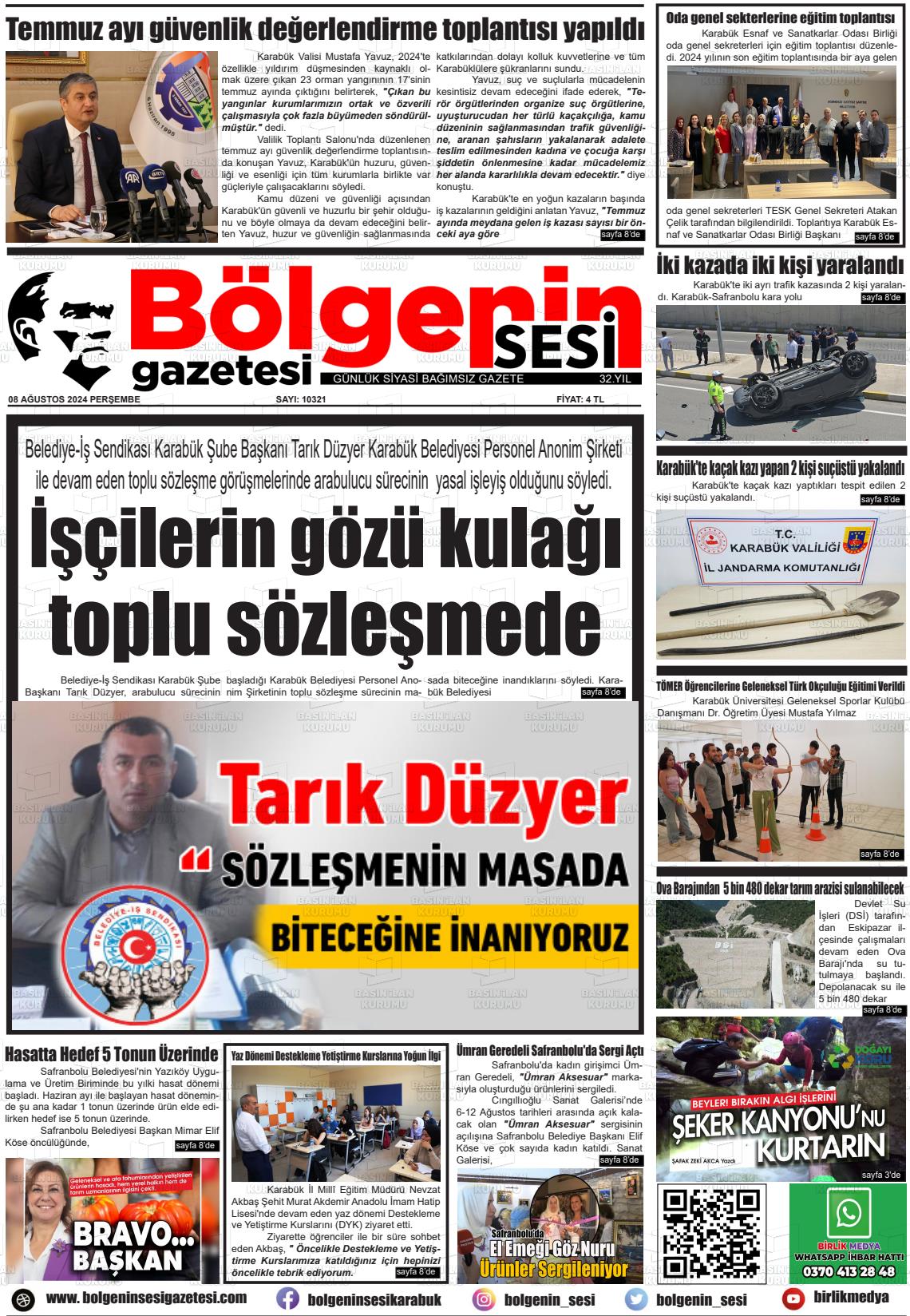 08 Ağustos 2024 Bölgenin Sesi Gazete Manşeti