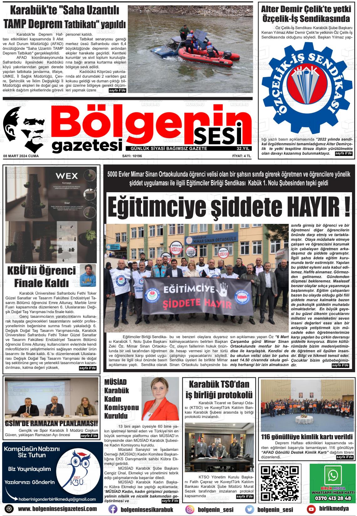 08 Mart 2024 Bölgenin Sesi Gazete Manşeti