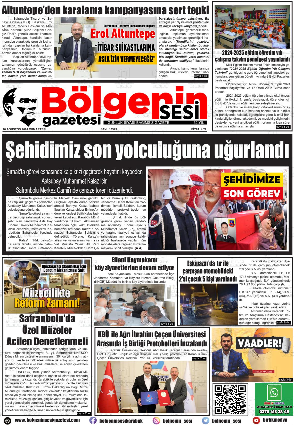 10 Ağustos 2024 Bölgenin Sesi Gazete Manşeti