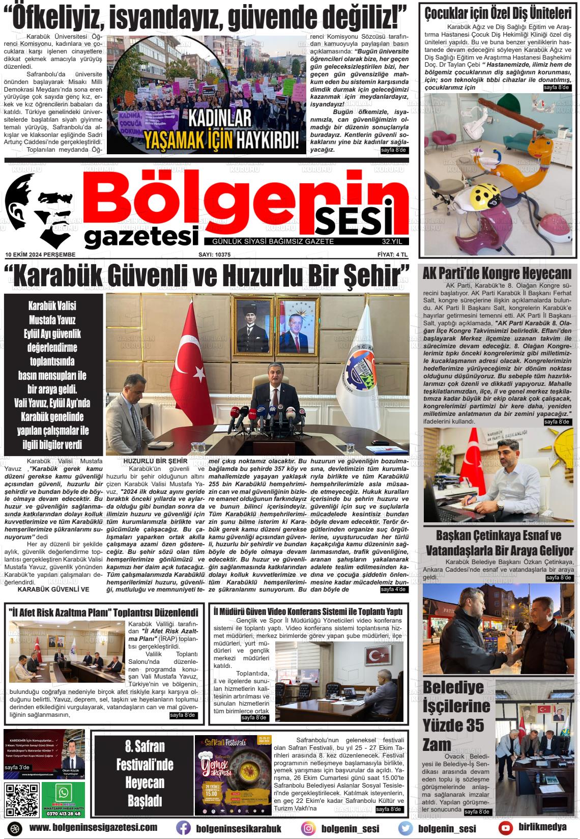 10 Ekim 2024 Bölgenin Sesi Gazete Manşeti