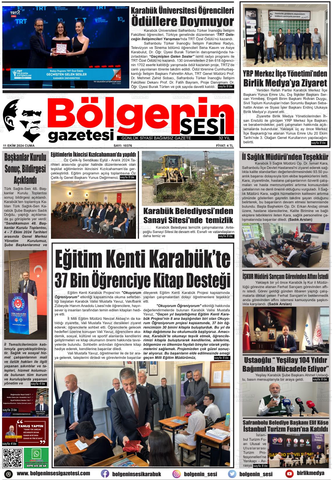 11 Ekim 2024 Bölgenin Sesi Gazete Manşeti