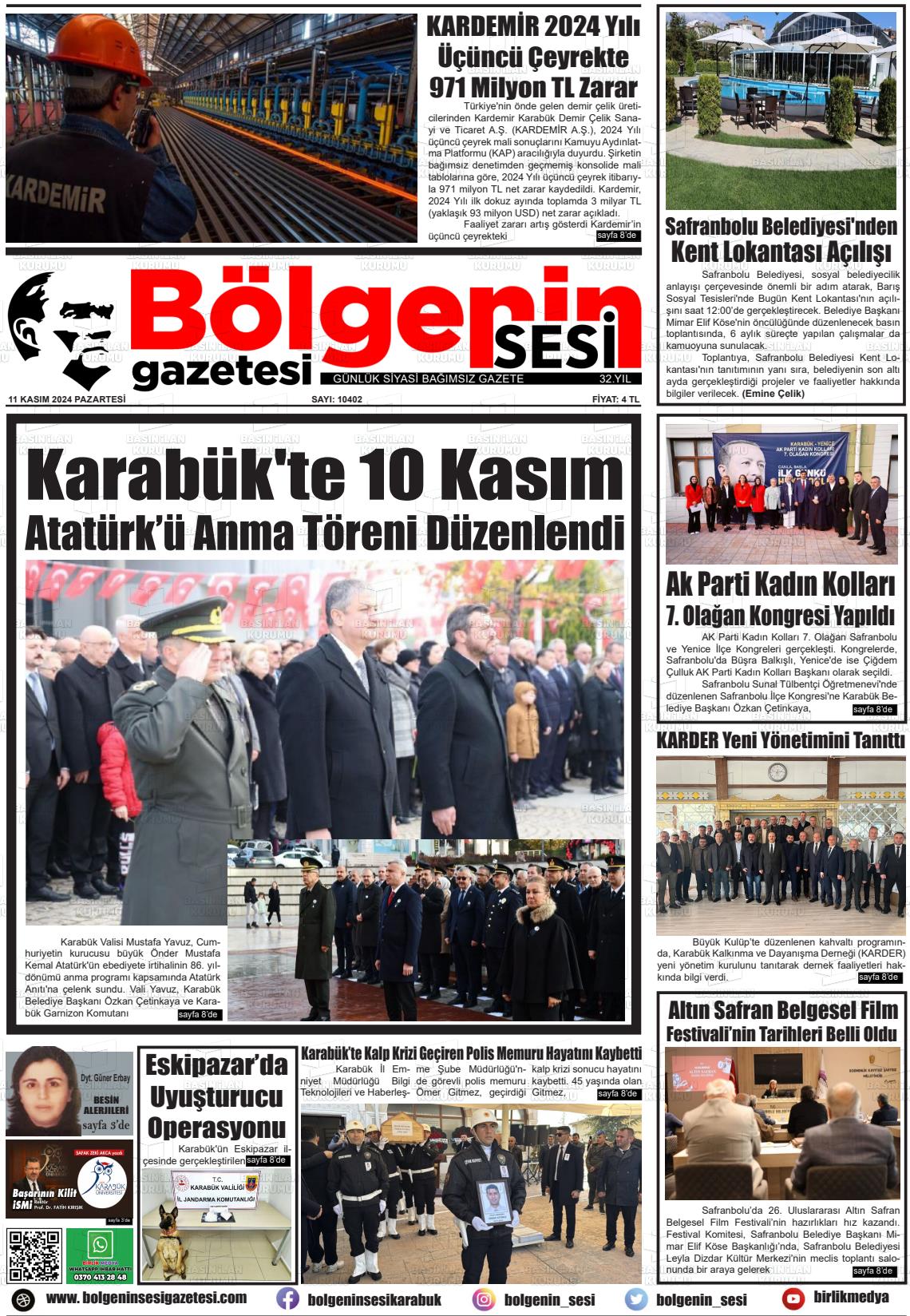 11 Kasım 2024 Bölgenin Sesi Gazete Manşeti