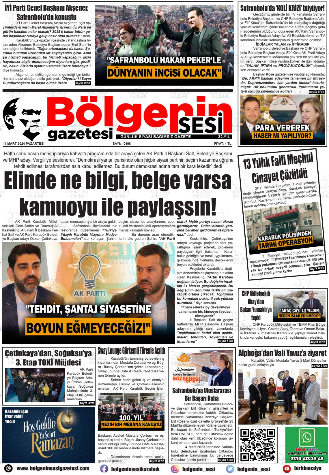 11 Mart 2024 Bölgenin Sesi Gazete Manşeti