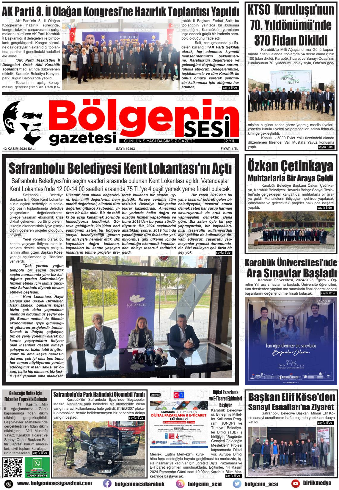 12 Kasım 2024 Bölgenin Sesi Gazete Manşeti