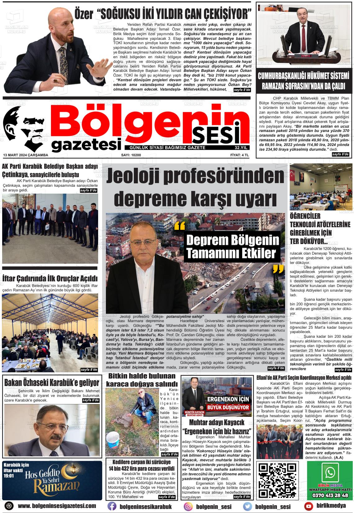 13 Mart 2024 Bölgenin Sesi Gazete Manşeti