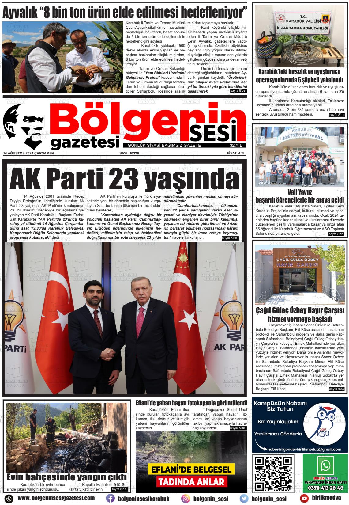 14 Ağustos 2024 Bölgenin Sesi Gazete Manşeti