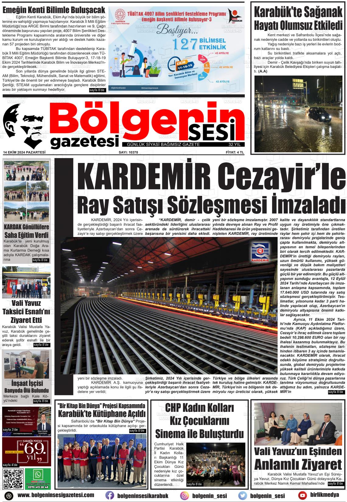 14 Ekim 2024 Bölgenin Sesi Gazete Manşeti