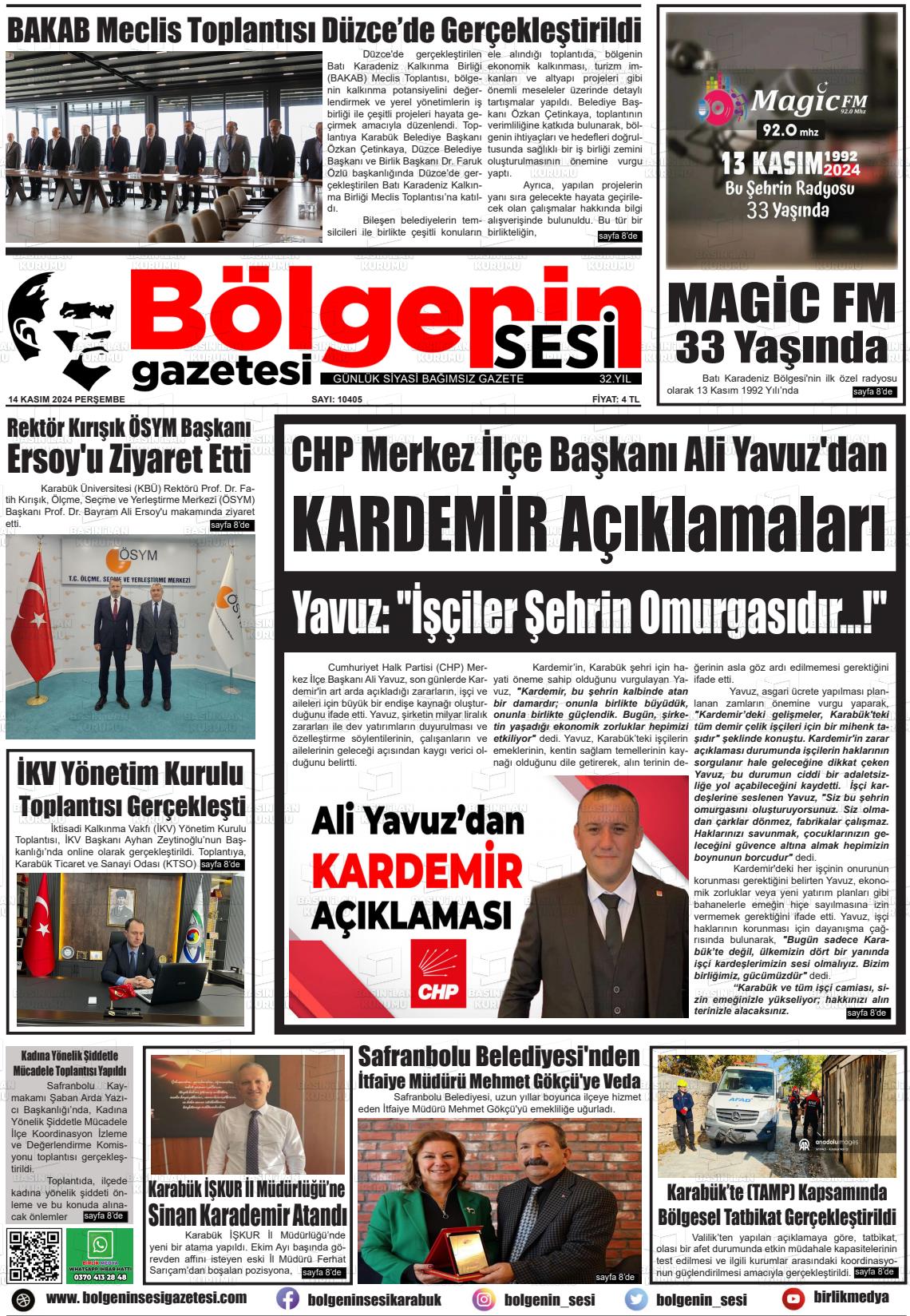 14 Kasım 2024 Bölgenin Sesi Gazete Manşeti