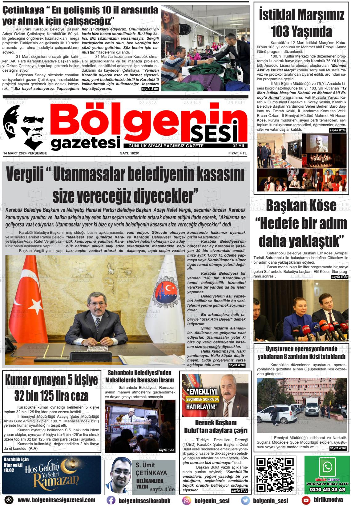 14 Mart 2024 Bölgenin Sesi Gazete Manşeti