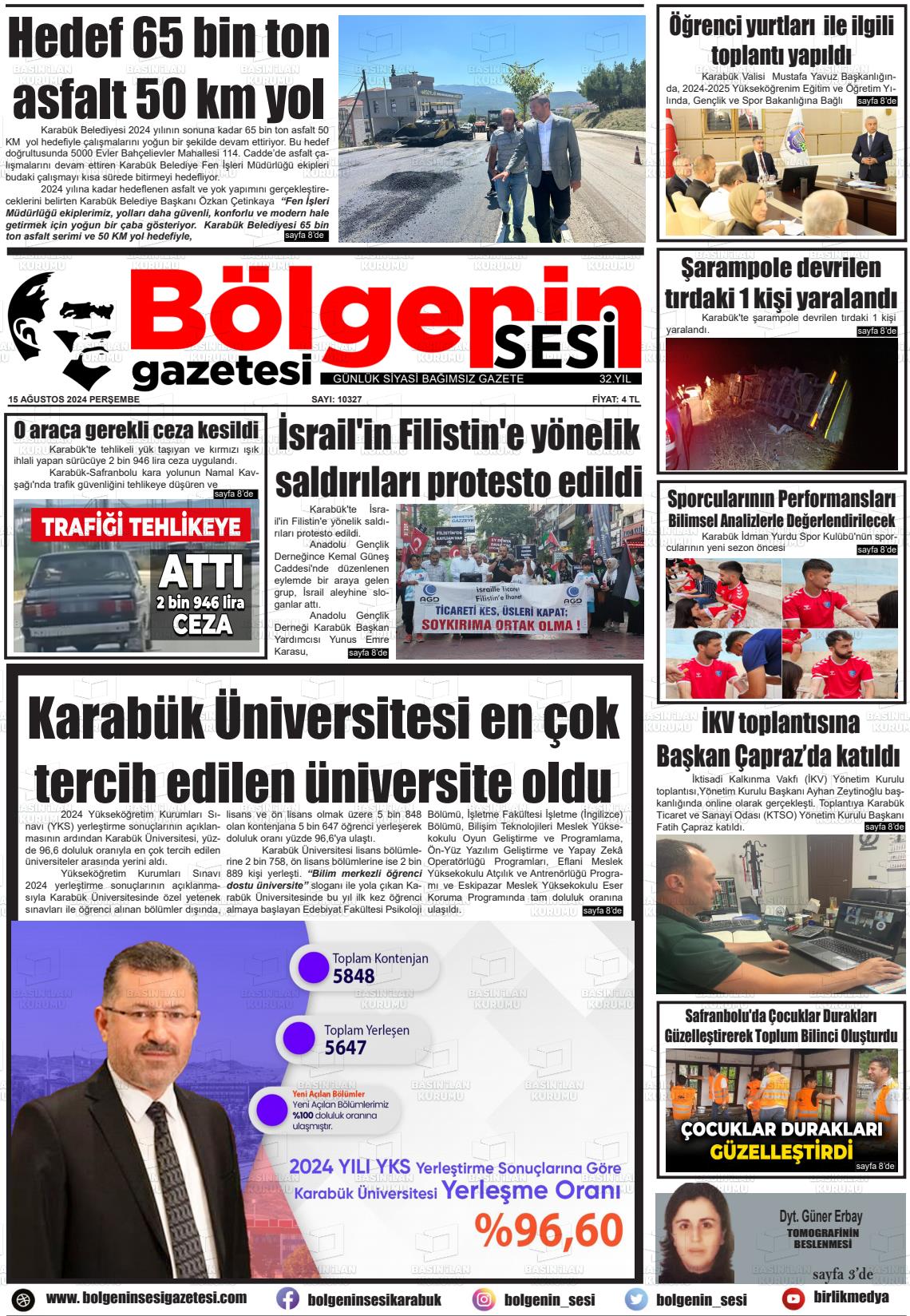 15 Ağustos 2024 Bölgenin Sesi Gazete Manşeti