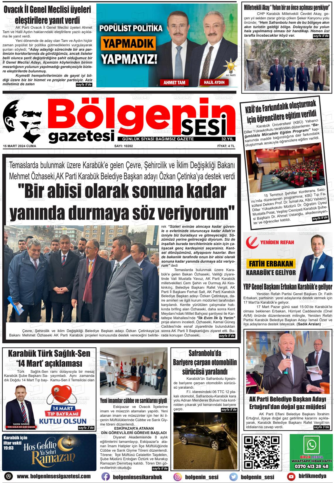 15 Mart 2024 Bölgenin Sesi Gazete Manşeti