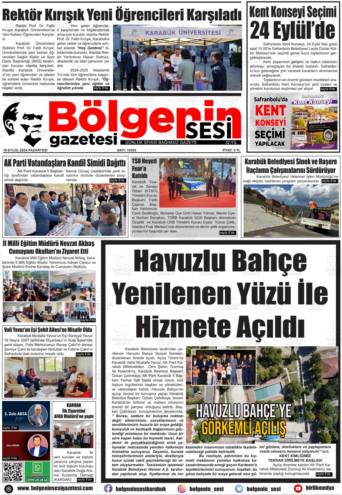 16 Eylül 2024 Bölgenin Sesi Gazete Manşeti